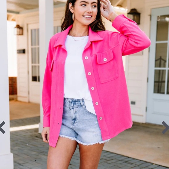 Entro pink Keep It Up oversized Fuchsia Pink Ribbed Shacket button down top XL - Picture 2 of 7